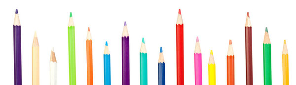 Colored pencils row isolated on a white background.