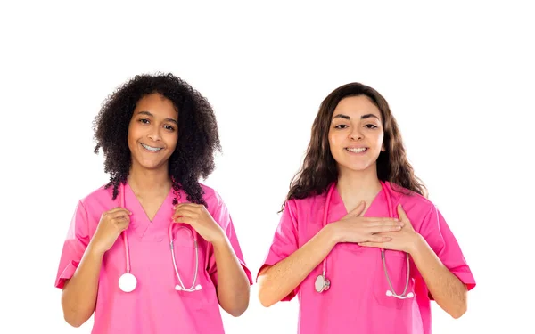 Två Tonåringar Läkare Studenter Med Rosa Uniform Isolerad Vit Bakgrund — Stockfoto