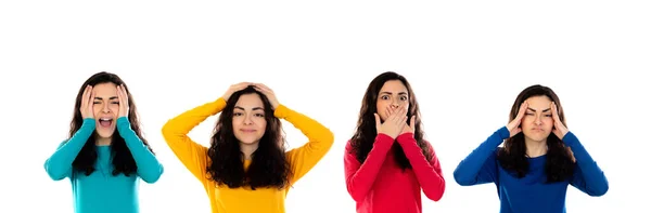 四个完全一样的黑发女孩在白色背景下表现出不同的情感 — 图库照片