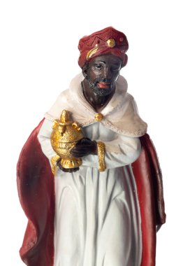 Balthazar, üç bilgenin üçüncüsü, beyaz arka planda izole edilmiş.