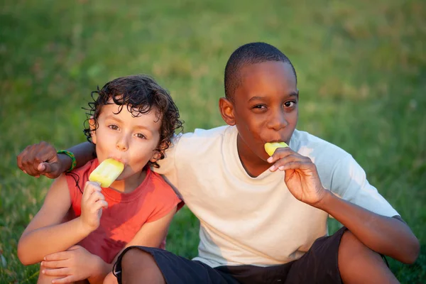 Bei Bambini Che Godono Gelato Limone — Foto Stock