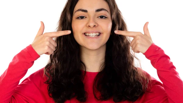 Giovane Donna Bruna Sorridente Allegra Mostrando Indicando Con Denti Delle — Foto Stock