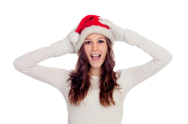 Surprised casual girl with Christmas hat — Stock Photo, Image