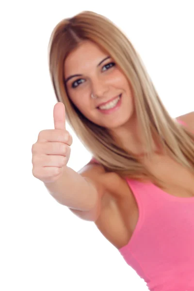 Foto de una rubia sonriente diciendo Ok. Con enfoque en el pulgar —  Fotos de Stock