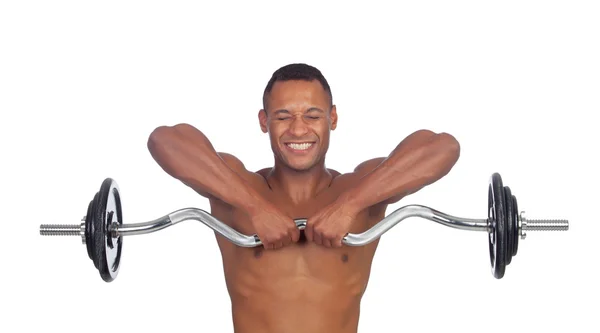 Bello muscoloso uomo formazione con manubri — Foto Stock