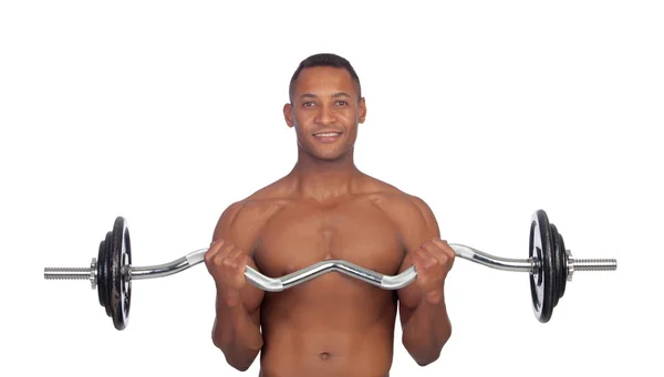 Bonito homem musculado treinando com halteres — Fotografia de Stock