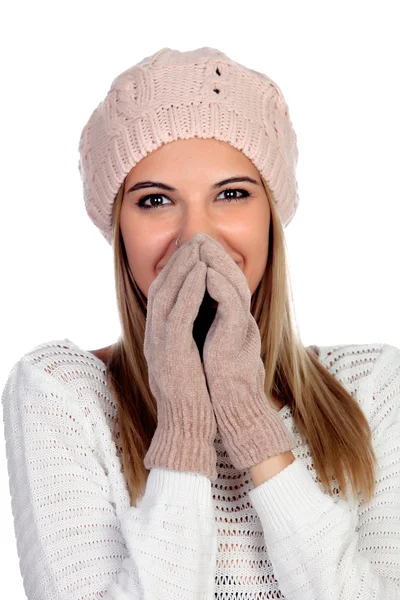 Attractive young caucasian woman in warm clothing in studio — Stock Photo, Image