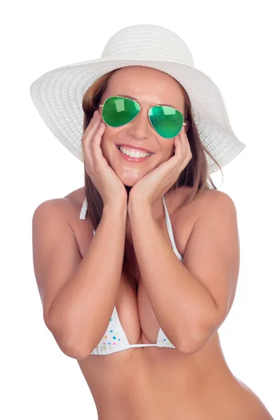 Mulher surpreendida de biquíni com óculos de sol — Fotografia de Stock