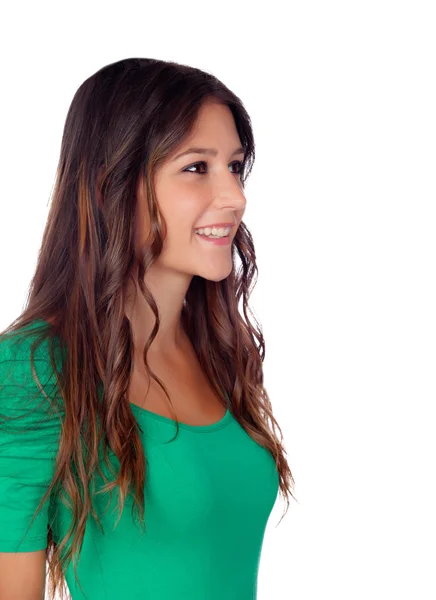 Atractiva chica casual en verde mirando a un lado — Foto de Stock
