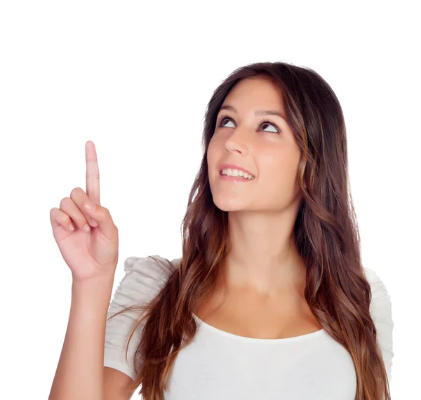 Attractive casual girl pointing up — Stock Photo, Image