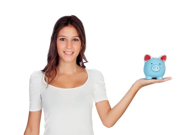 Attraente ragazza casual con un moneybox blu — Foto Stock