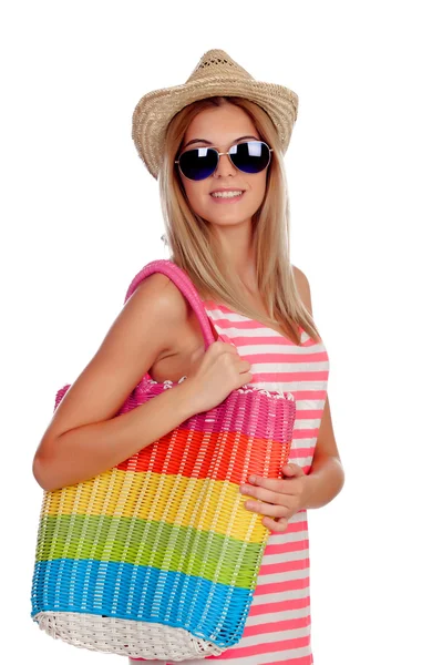 Summer woman with sunglasses shopping — Stock Photo, Image