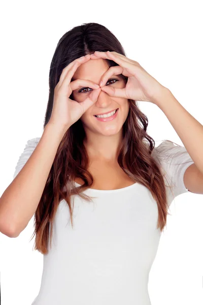 Young girl simulating glasses with his hands — Stock Photo, Image