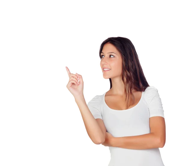 Casual young girl pointing something at side — Stock Photo, Image