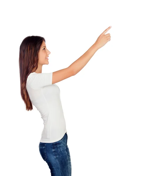 Casual young girl pointing something at side — Stock Photo, Image