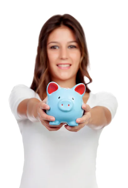 Attractive casual girl with a blue moneybox — Stock Photo, Image