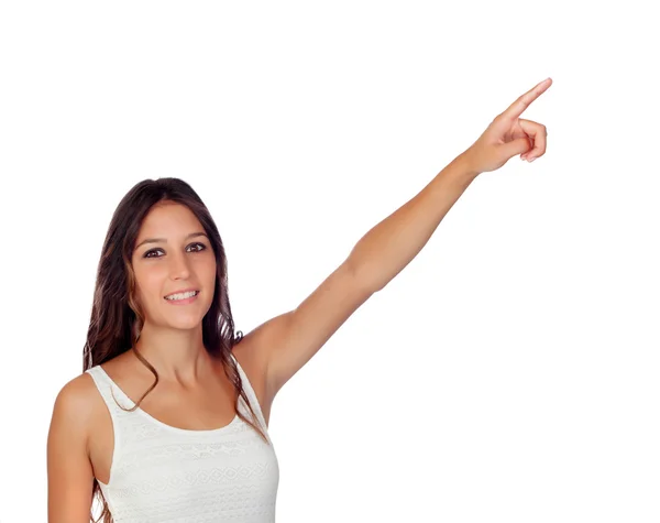 Attractive casual gril pointing — Stock Photo, Image