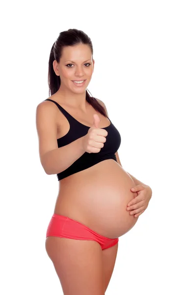 Pregnant in underwear saying Ok — Stock Photo, Image