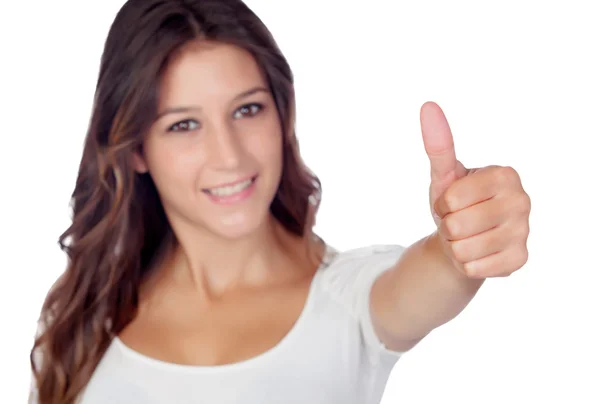 Casual young girl saying Ok with the focus on his finger isolate — Stock Photo, Image