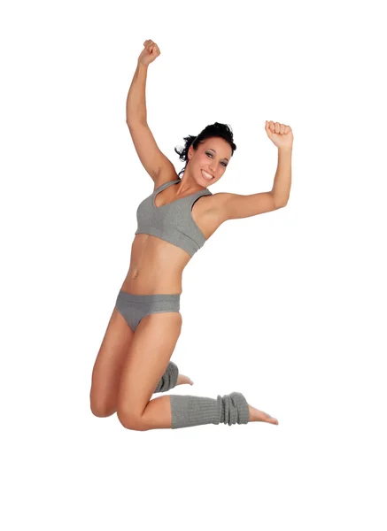 Sexy fitness woman with grey underwear jumping — Stock Photo, Image