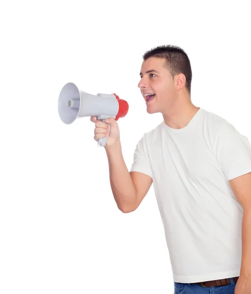 Casual homem gritando com um megafone — Fotografia de Stock