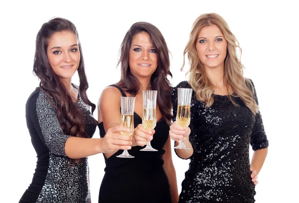 Three friends with sparkling dresses toasting — Stock Photo, Image