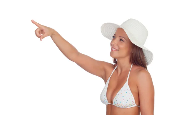 Zabawna dziewczyna w bikini wskazując coś — Zdjęcie stockowe