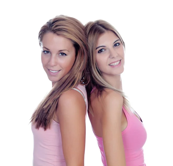 Two beautiful girlfriends in pink — Stock Photo, Image