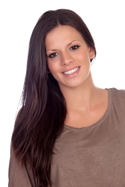 Atraktivní brunetka žena oblečená v hnědé — Stock fotografie