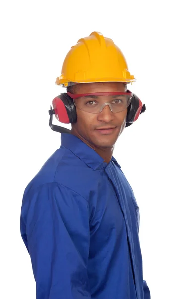 Construcción del trabajador con gafas y casco — Foto de Stock