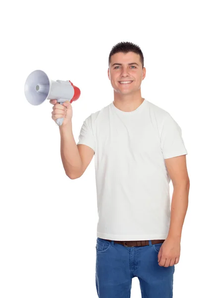 Hombre casual con un megáfono — Foto de Stock