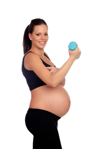 Brunette femme enceinte formation avec haltères — Photo