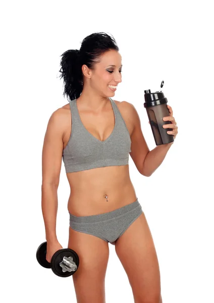 Frau nach dem Training, trinkt Proteinshake — Stockfoto