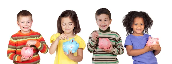 Cuatro niños divertidos con cajas de dinero — Foto de Stock