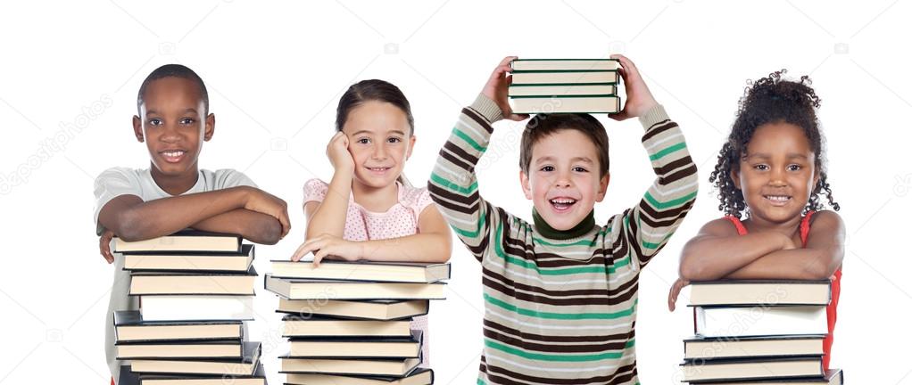 Four children with many books