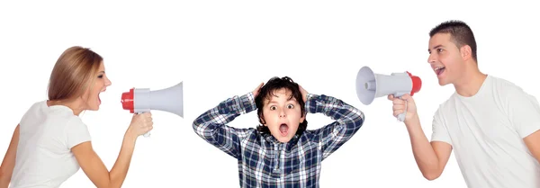 Scared boy between his parents — Stock Photo, Image