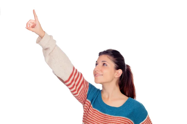 Casual young girl pointing something — Stock Photo, Image