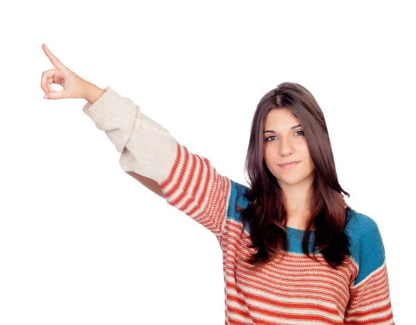 Casual young girl pointing something — Stock Photo, Image