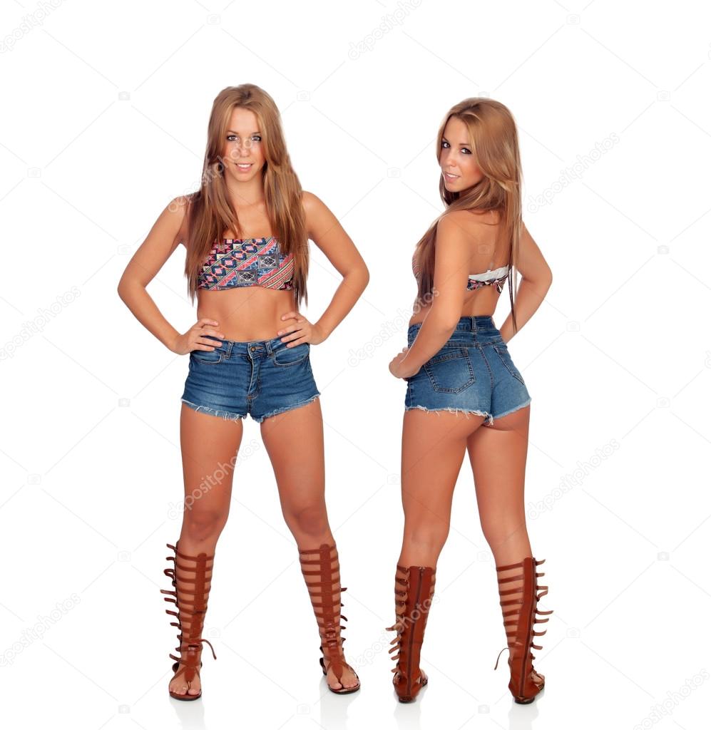 Identical sisters in sexy clothes