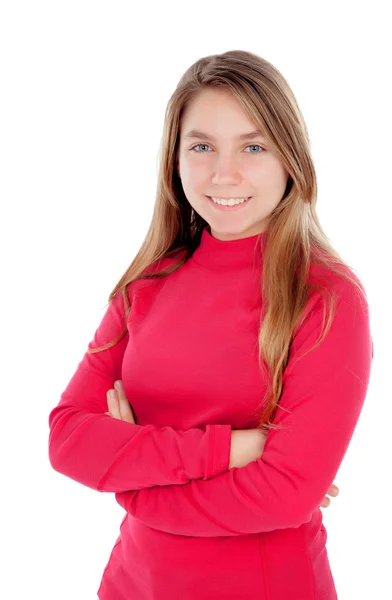 Teenager blonde girl in red — Stock Photo, Image