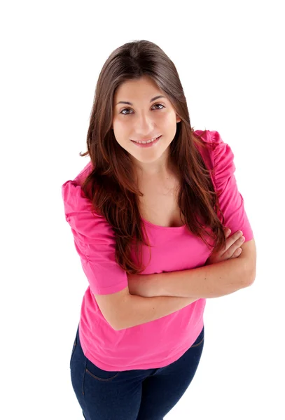 위에서 분홍색 t-셔츠 보기 용 소녀 — 스톡 사진