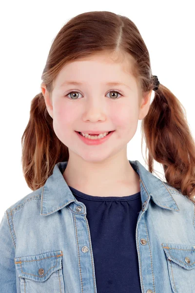 Engraçado menina sem dentes com tranças — Fotografia de Stock