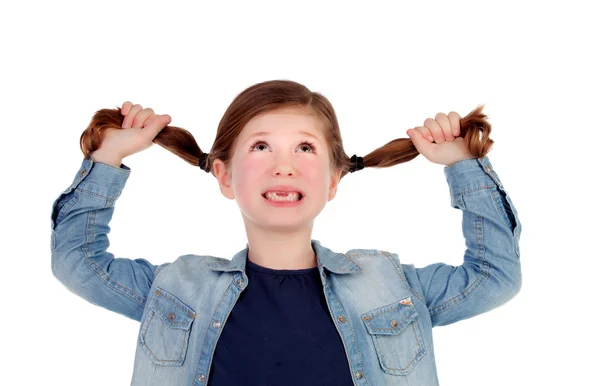 Funny little girl toothless pulling her pigtails — Stock Photo, Image