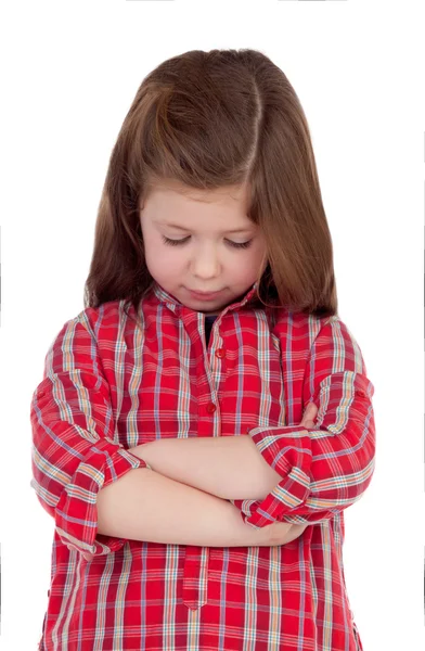 Niña triste con camisa a cuadros roja — Foto de Stock