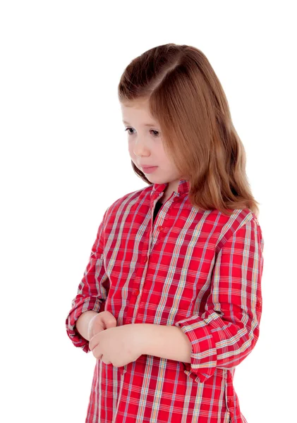 Niña triste con camisa a cuadros roja —  Fotos de Stock