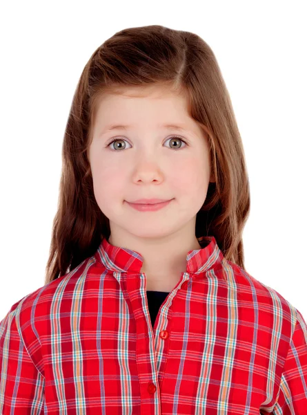 Adorable little girl with red plaid shirt — Stock Photo, Image