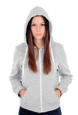 Kapşonlu gri sweatshirt üzgün genç kızla