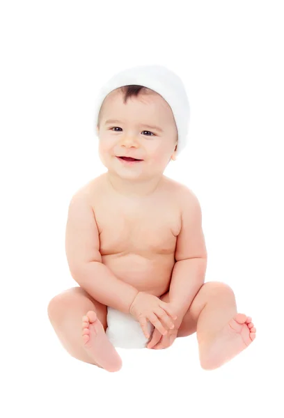 Cute baby in diaper with cap — Stock Photo, Image