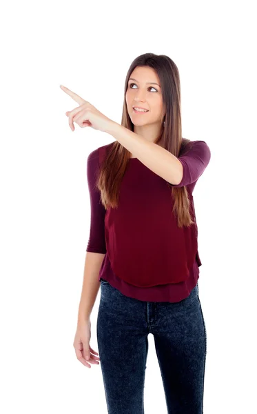 Attractive young girl indicating something — Stock Photo, Image