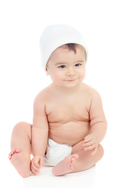 Cute baby in diaper with cap — Stock Photo, Image